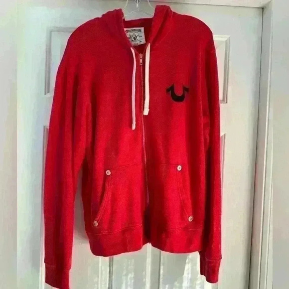 True Religion Men's Buddha Logo Zip Hoodie Ruby Red Size XL - Picture 5 of 9